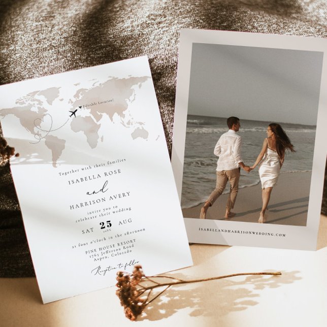 Convites Casamento de Viagem de Mapa de Aquarela de Destino (Criador carregado)