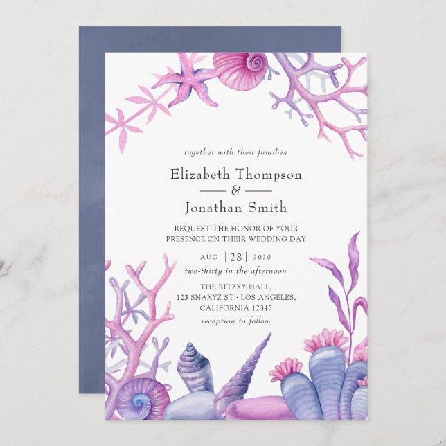 Convites Casamento de Vida do Oceano de Aquarela (Frente/Verso)