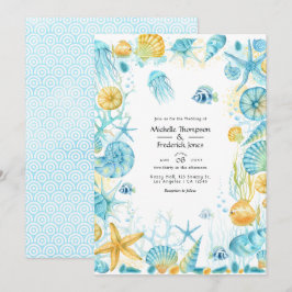 Convites Casamento de Vida Marinha Azul e Amarelo