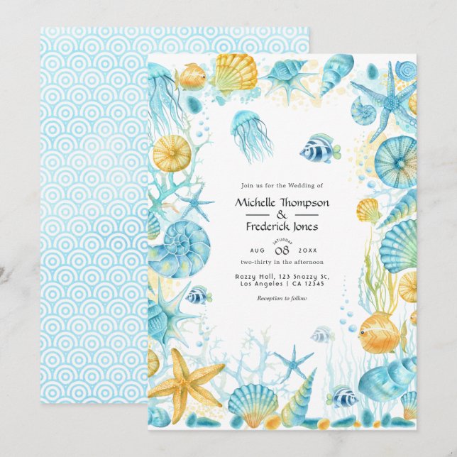Convites Casamento de Vida Marinha Azul e Amarelo (Frente/Verso)