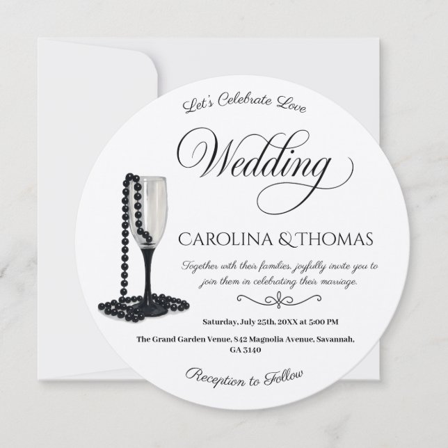 Convites Casamento de Vidro de Champanhe de Pérolas Pretas  (Frente)
