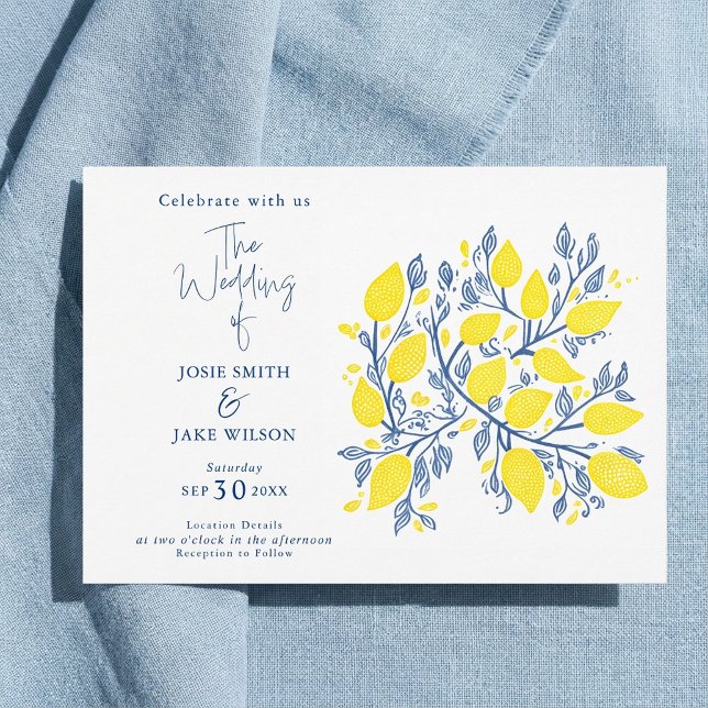 Convites Casamento de vinhas de limão azul e amarela (Blue and yellow lemon vines wedding invitation.)