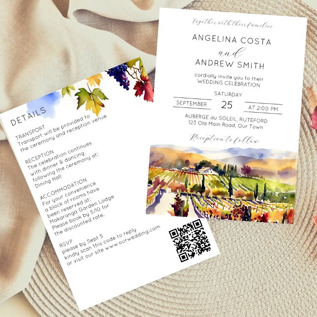 Convites Casamento de vinheta tudo em uma modelo (Vineyard wedding all in one editable template invitation digital download watercolor Napa Valley)