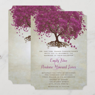 Convites Casamento de Vinho Sangria Roxo Coração Folha Árvo