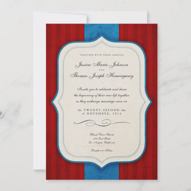 Convites Casamento de Vintage Charm Red & Blue Monographic (Frente)