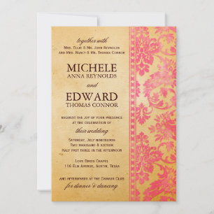 Convites Casamento de Vintage Pink Damask Lace