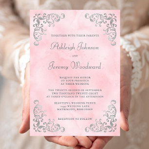 Convites Casamento de Vintage Silver Blush Pink Watercolor