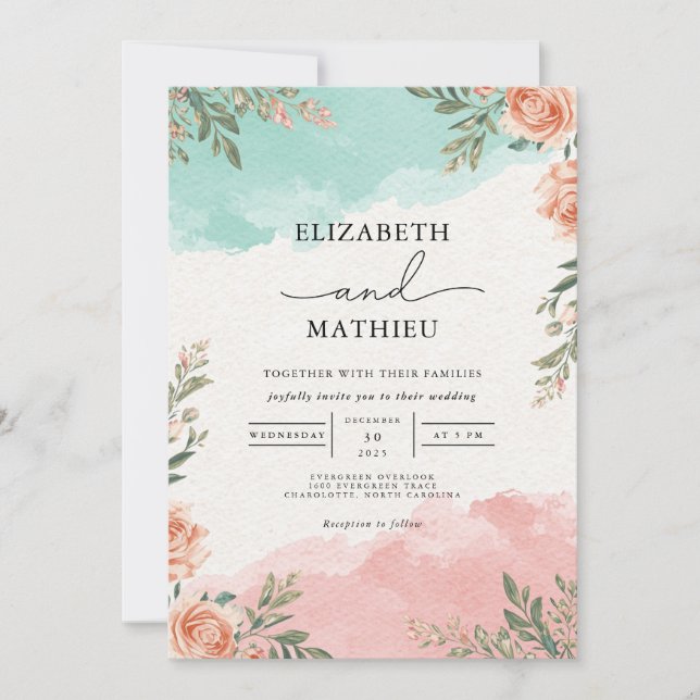 Convites Casamento de Wash Floral Coral Teal (Frente)