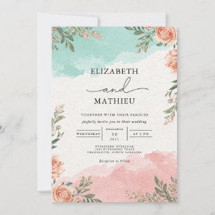 Convites Casamento de Wash Floral Coral Teal