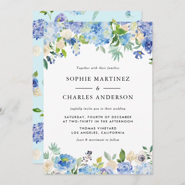 Convites Casamento de Watercolor Blue Hydrangea Floral Garl (Frente/Verso)
