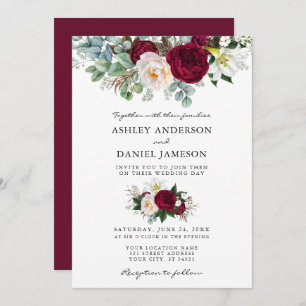 Convites Casamento de Watercolor Burgundy Floral Greenery