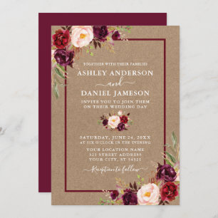 Convites Casamento de Watercolor Burgundy Floral Kraft
