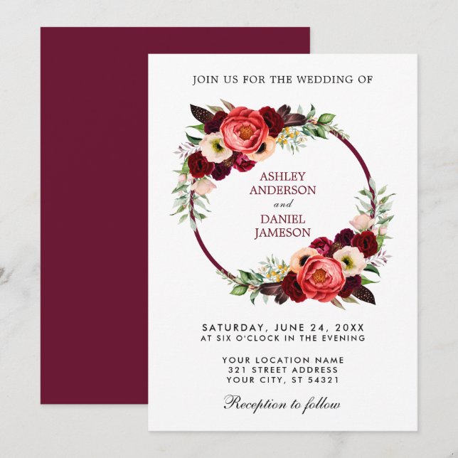 Convites Casamento de Watercolor Burgundy Floral Wreath Boh (Frente/Verso)
