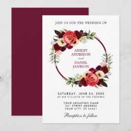 Convites Casamento de Watercolor Burgundy Floral Wreath Boh