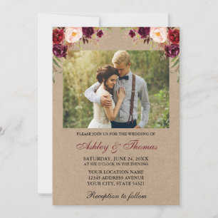 Convites Casamento de Watercolor Burgundy Foto Floral Kraft