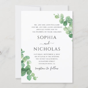 Convites Casamento de Watercolor eucalyptus. Folhagem verde