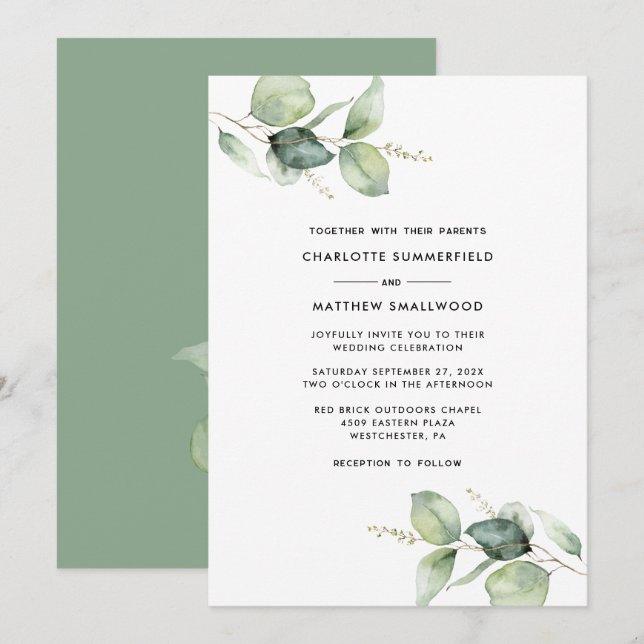 Convites Casamento de Watercolor Eucalyptus Greenery (Frente/Verso)