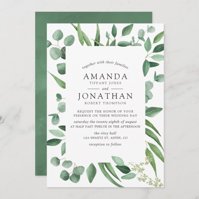 Convites Casamento de Watercolor Eucalyptus Greenery (Frente/Verso)