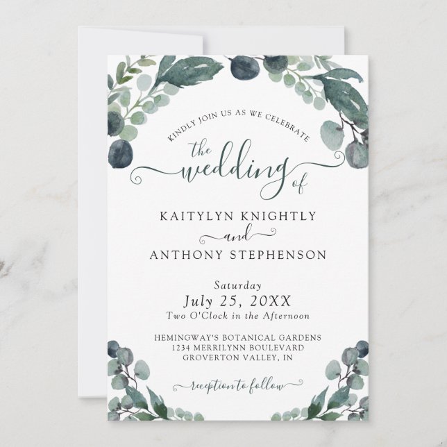 Convites Casamento de Watercolor Eucalyptus Greenery (Frente)