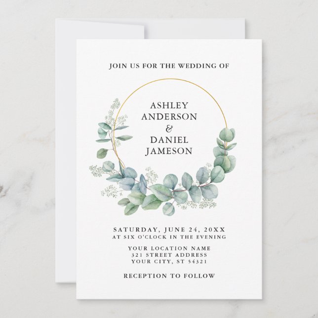 Convites Casamento de Watercolor Eucalyptus Greenery Dourad (Frente)