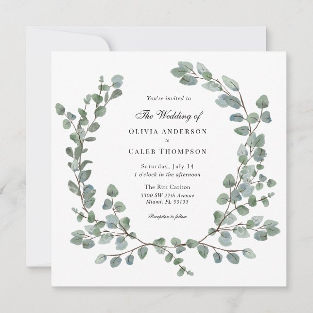 Convites Casamento de Watercolor Eucalyptus Wreath (Frente)