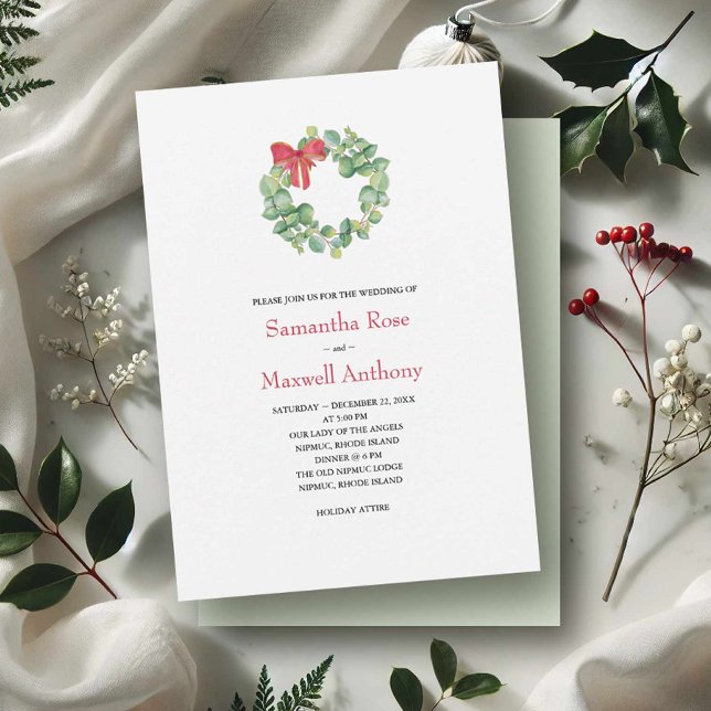 Convites Casamento de Watercolor Eucalyptus Wreath (Winter wedding invitations watercolor eucalyptus & red bow wreath by Victoria Grigaliunas VG Invites)
