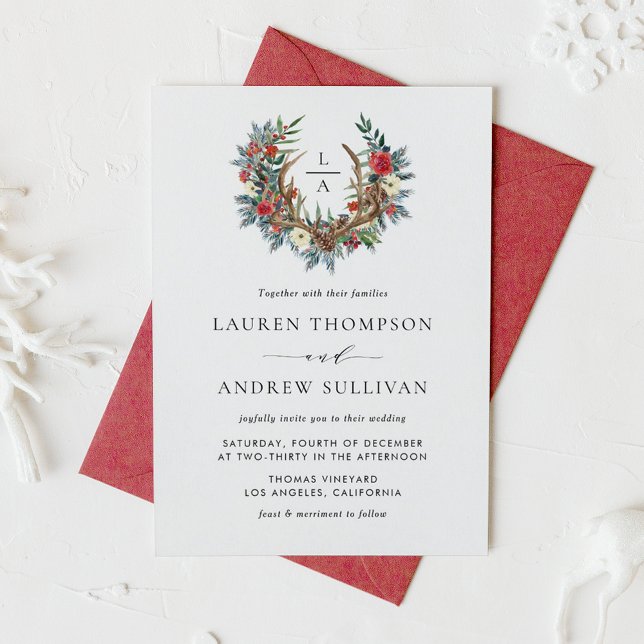 Convites Casamento de Watercolor Floral Antler Wreath Monog (Watercolor Floral Antler Wreath Monogram Christmas Wedding Invitation)