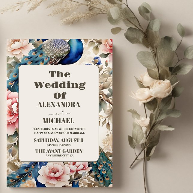 Convites Casamento de Watercolor Floral Peacock Chinoiserie (Criador carregado)