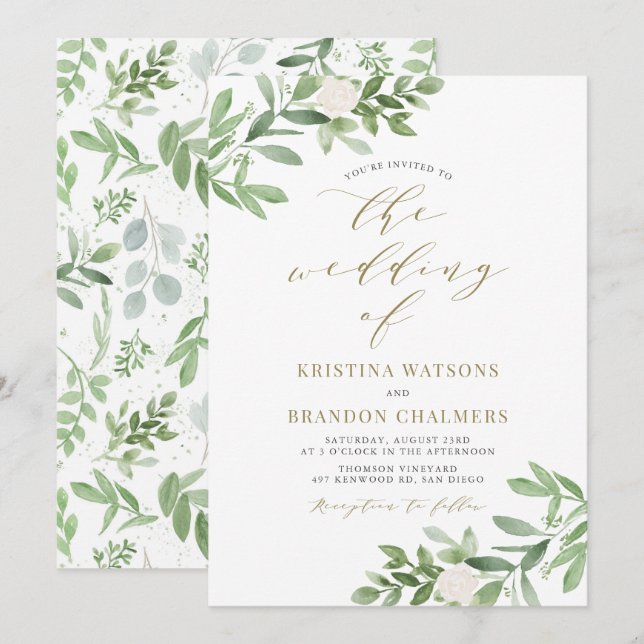 Convites Casamento de Watercolor Greenery and White Flowers (Frente/Verso)