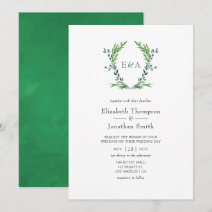 Convites Casamento de Watercolor Greenery Laurel Crest Mono