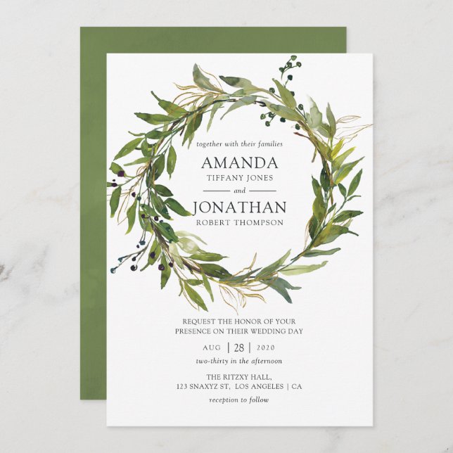 Convites Casamento de Watercolor Leafy Greenery Wreath (Frente/Verso)