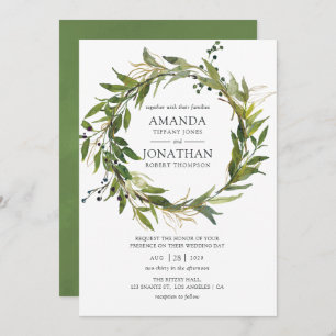 Convites Casamento de Watercolor Leafy Greenery Wreath
