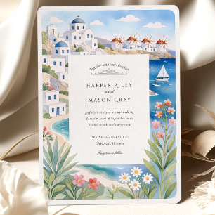 Convites Casamento de Watercolor Mykonos Seaside Windmills