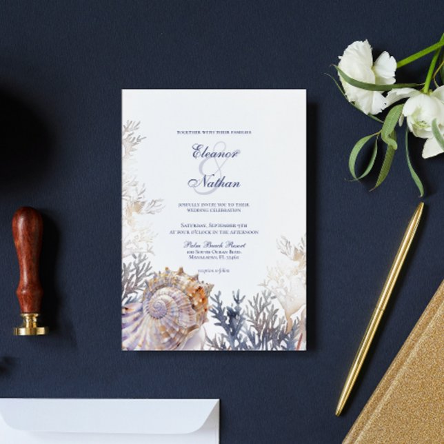 Convites Casamento de Watercolor Seashell Corals (Criador carregado)