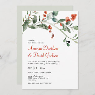 Convites Casamento de Watercolor Winter Greenery & Red Berr