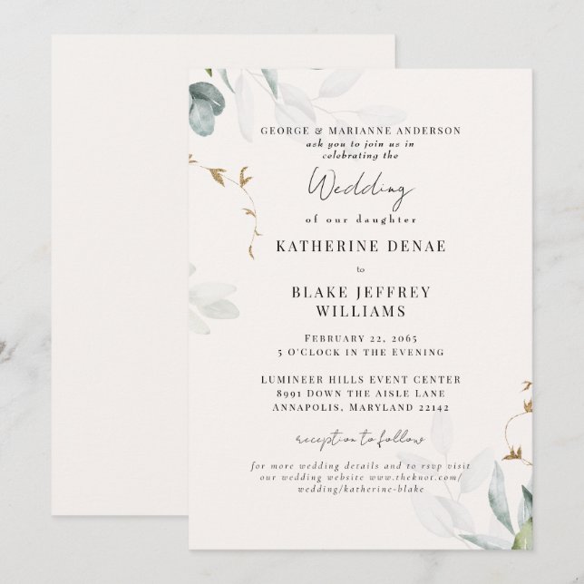 Convites Casamento de Website Botânico de Champanhe Claro (Frente/Verso)