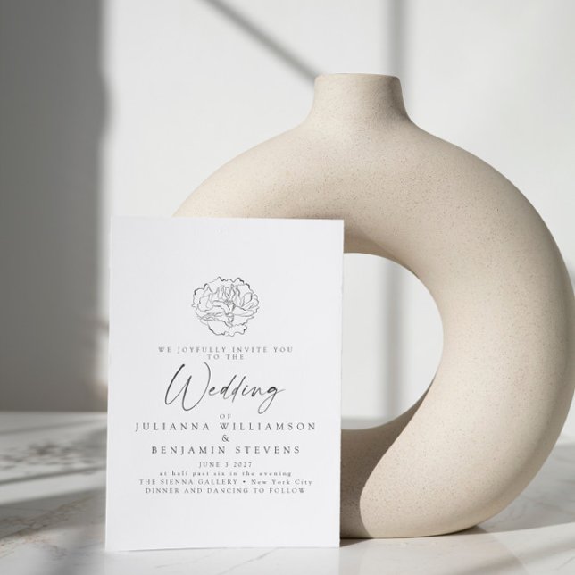 Convites Casamento de White Script de Linha Floral Minimali (Criador carregado)