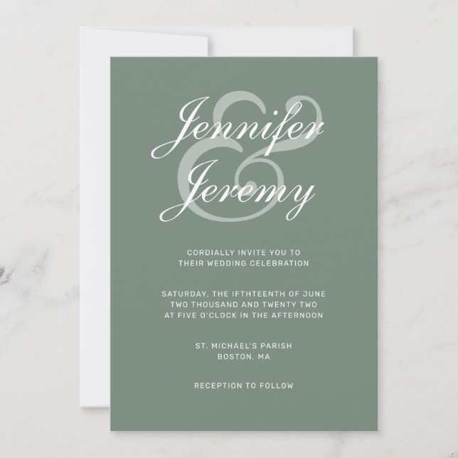 Convites Casamento De White Script Elegante Verde De Sage M (Frente)