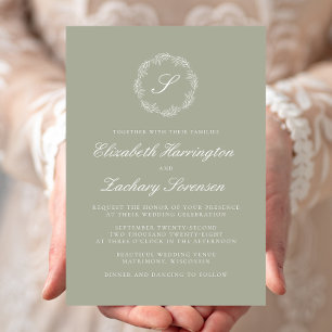 Convites Casamento de White Script Wreath, Monograma Verde 