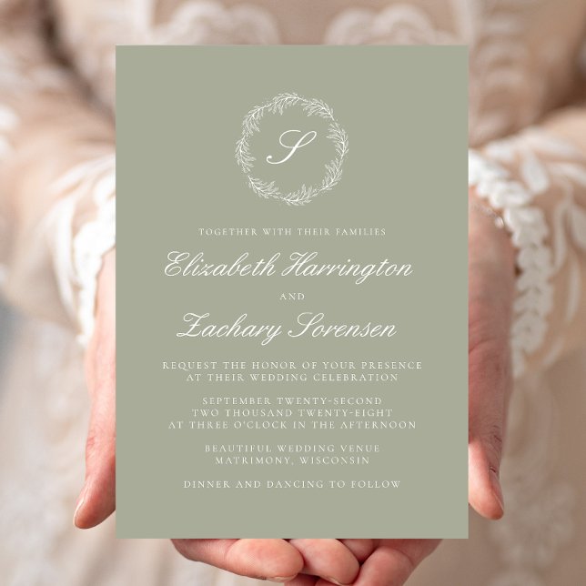 Convites Casamento de White Script Wreath, Monograma Verde  (Criador carregado)