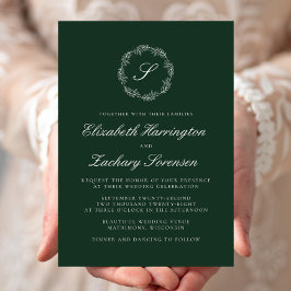 Convites Casamento de White Script Wreath Monograma Verde E