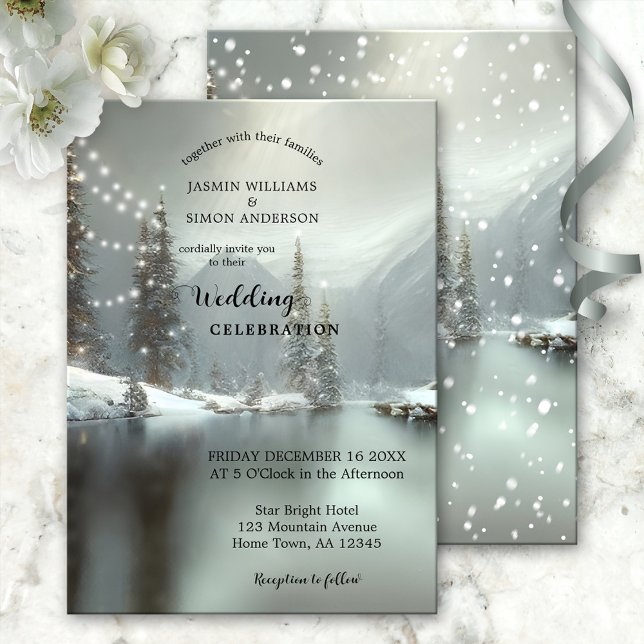 Convites Casamento de Wonderland de inverno de Natal elegan (Wedding invitation featuring a dreamy winter wonderland scene with sparkling lights)