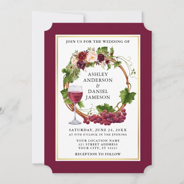 Convites Casamento de Wreath Burgundy, Uvas Florais De Aqua (Frente)