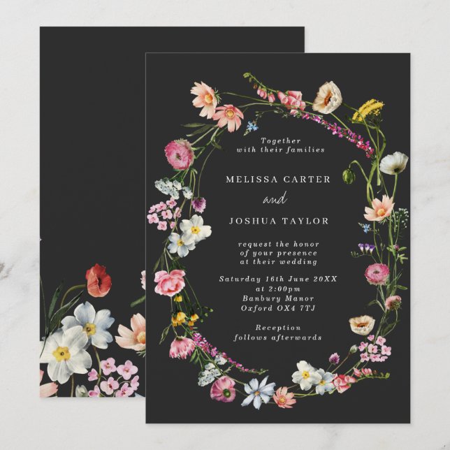 Convites Casamento de Wreath das Flores Selvagens Chic Mood (Frente/Verso)