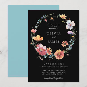 Convites Casamento de Wreath de Flor Selvagem de Verão Negr