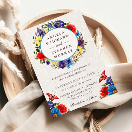 Convites Casamento de Wreath de Flores Vermelhas e Azuis