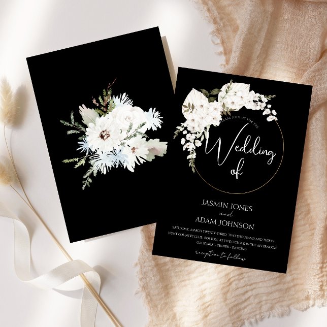 Convites Casamento de Wreath de Natal Negro Floral Branca d (Winter White Floral Black Christmas Wreath Wedding Invitation)