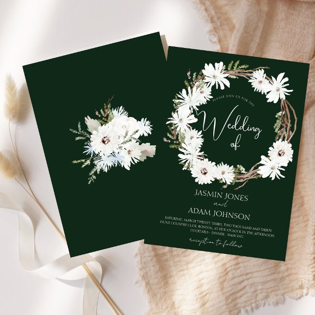 Convites Casamento de Wreath de Natal Verde Floral Branco d (Winter White Floral Green Christmas Wreath Wedding Invitation)