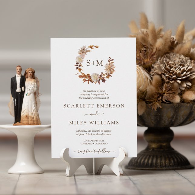 Convites Casamento de Wreath de Terracotta Monograma, Queda (Elegant Fall Leaves Wedding Invitation
)