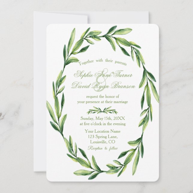 Convites Casamento de Wreath Emerald Green Watercolor (Frente)